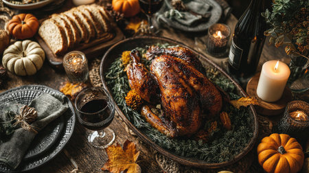 Cozy Thanksgiving dinner setting featuring a beautifully roasted turkey at the center of a rustic table, surrounded by autumn decor and warm lighting.の素材