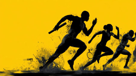 This striking image showcases dynamic silhouettes of athletes running and racing against a bold yellow background, epitomizing speed and vitality in sports.の素材