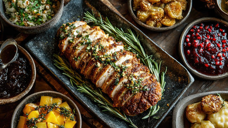 An inviting feast featuring a beautifully roasted meat platter surrounded by a variety of colorful sides and garnishes, perfect for any special occasion.の素材