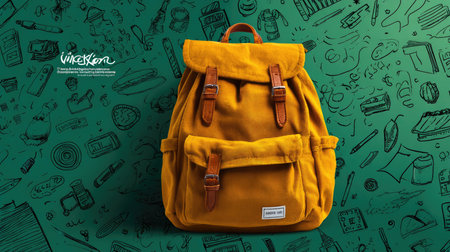 This vibrant yellow backpack, adorned with leather accents, stands against a fun green background featuring playful sketches of school supplies. Perfect for travel or school, it combines style and functionality for everyday adventures.の素材
