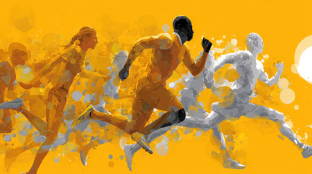 This vibrant illustration captures the essence of athletes in motion, showcasing energy and diversity against a bright yellow background. Perfect for sports themes.の素材