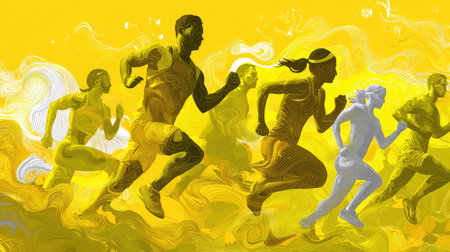 This vibrant illustration captures the essence of running and teamwork against a lively yellow backdrop, showcasing dynamic human figures in motion.の素材