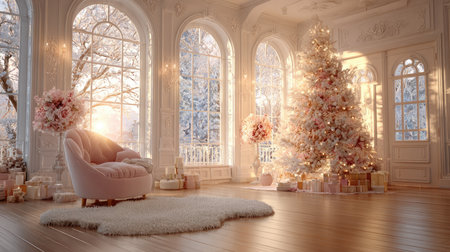 A beautifully designed winter living room featuring an elegant Christmas tree adorned with soft lights, surrounded by presents and cozy decor, creating a warm festive atmosphere.の素材