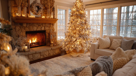 A cozy winter living room featuring a beautifully decorated Christmas tree beside a warm fireplace, creating a serene and inviting atmosphere perfect for holidays.の素材