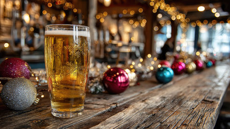 A vibrant glass of beer sits on a rustic wooden bar surrounded by colorful holiday ornaments and twinkling lights, creating a warm festive atmosphere.の素材
