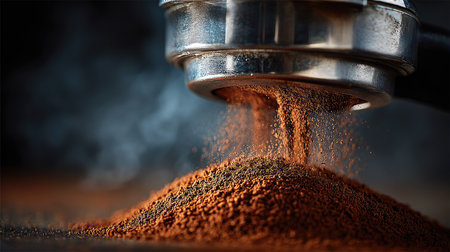 A captivating close-up shot showcasing ground coffee cascading from a portafilter, highlighting the rich texture and warm colors of freshly ground coffee.の素材