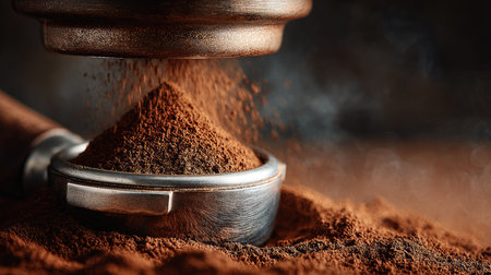 Captivating close-up of ground coffee spilling from a portafilter, showcasing the rich textures and earthy tones, ideal for coffee culture enthusiasts.の素材