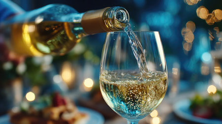A beautifully captured moment of white wine being poured into a glass, highlighting the elegance of dining and celebration. Soft lighting enhances the inviting atmosphere.の素材