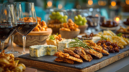 This vibrant arrangement showcases a delightful selection of gourmet cheese, crackers, fresh fruits, and red wine, perfect for upscale dining events or casual gatherings.の素材