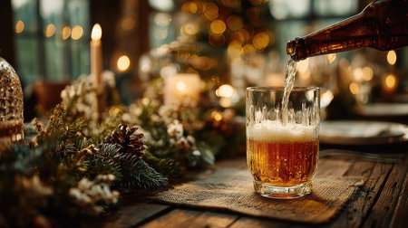 A close-up view of a glass being filled with refreshing beer, surrounded by warm candlelight and rustic holiday decorations, ideal for festive gatherings.の素材