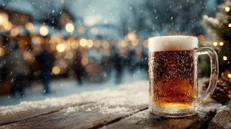 A frosty mug of beer resting on a wooden table, capturing the essence of a festive winter market with twinkling lights and a light snowfall.の素材