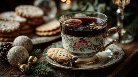 A cozy winter scene featuring a beautifully designed tea cup filled with aromatic tea, surrounded by spices and sweet treats, creating a warm atmosphere.の素材