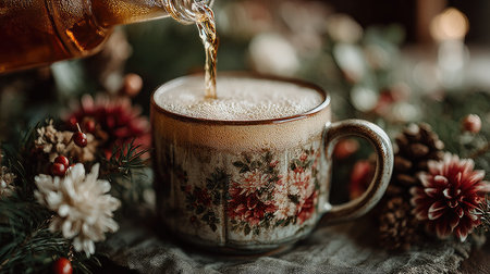 A vintage floral mug fills with a warm beverage, surrounded by festive decorations and natural elements, creating a cozy winter atmosphere perfect for celebrations.の素材