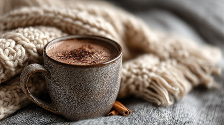 A cozy cup of hot chocolate sits elegantly on a soft knitted blanket, infused with cinnamon, evoking warmth and comfort for chilly days.の素材