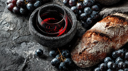 This captivating rustic still life features a glass of red wine alongside a freshly baked bread loaf and plump grapes, all set against a textured stone backdrop, creating a warm and inviting atmosphere.の素材