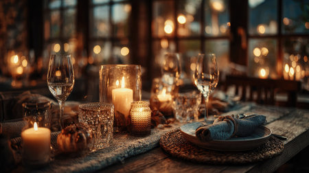 A beautifully arranged table setting featuring elegant glassware and soft candlelight, creating a warm and inviting atmosphere perfect for a romantic dinner or festive celebration.の素材