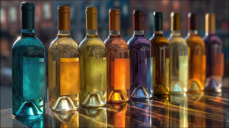 A vibrant collection of transparent bottles with various colored liquids reflects light beautifully on a table surface, creating an artistic ambiance.の素材