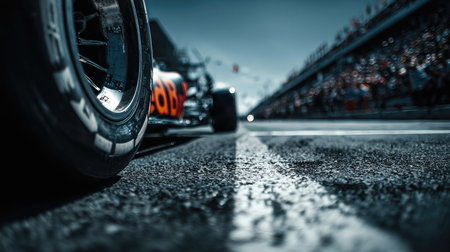 A dramatic close-up of a race car tire resting on the track, capturing the essence of motorsport. Spectators fill the background, showcasing the exhilarating atmosphere of a live racing event.の素材