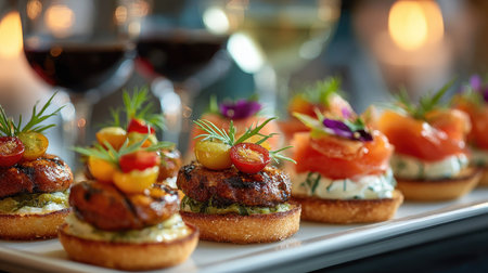 A beautifully arranged platter of gourmet appetizers showcasing fresh ingredients, vibrant colors, and intricate garnishes, perfect for fine dining experiences.の素材