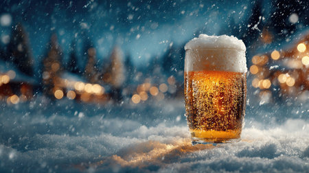 A frosty glass of beer rests on a bed of snow, surrounded by a picturesque winter landscape and softly glowing bokeh lights, creating a cozy atmosphere.の素材
