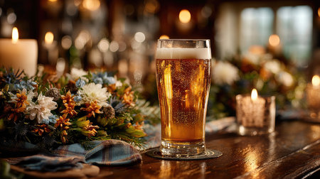A vibrant glass of beer sits invitingly on a rustic wooden bar, surrounded by a beautiful floral arrangement and soft candlelight, perfect for gatherings.の素材