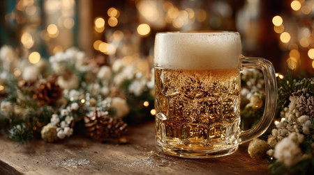 A beautifully styled glass of beer with a frothy head sits on a rustic wooden surface, accompanied by holiday decorations and soft twinkling lights.の素材