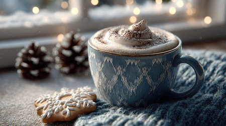 A warm mug of hot chocolate topped with fluffy whipped cream sits beside a festive cookie, engulfed in a cozy winter ambiance filled with pinecones and soothing knit textures.の素材