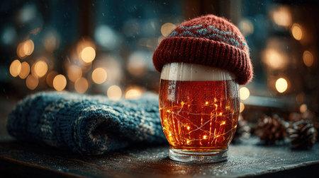 A cozy winter scene featuring a glass of beer wearing a knitted hat, surrounded by warm lights and rustic decorations, perfect for festive gatherings.の素材