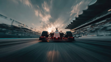 A breathtaking shot of a Formula One racing car speeding down the track at sunset, showcasing motion blur and an energetic atmosphere with spectators.の素材