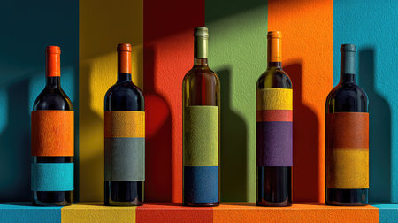This striking image features wine bottles with vivid colors and abstract labels set against a bright striped background. The vibrant hues create an engaging visual experience, ideal for showcasing contemporary design and artistic concepts in beverages and home decor.の素材