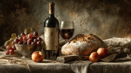 A captivating rustic still life featuring a loaf of bread, a glass of red wine, fresh grapes, and apples, all elegantly arranged to create a warm and inviting atmosphere.の素材