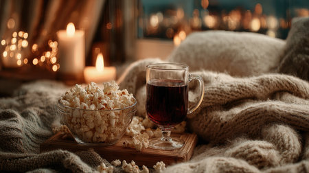 A tranquil evening scene featuring popcorn and a warm drink, surrounded by soft textiles and candlelight, offering a cozy atmosphere perfect for relaxation.の素材