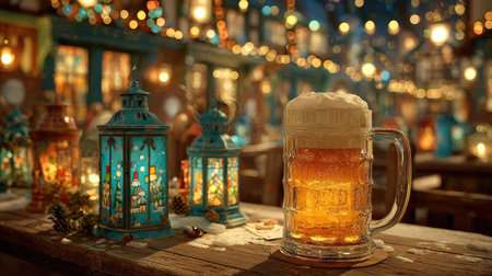 A beautifully crafted beer mug serves as a centerpiece amid colorful lanterns and sparkling holiday lights in a cozy setting perfect for celebrations.の素材