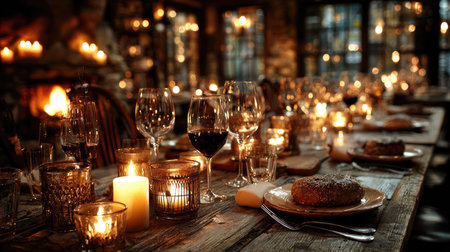 A beautifully arranged dining table with an array of candles and fine glassware creates a cozy and romantic atmosphere perfect for gatherings and celebrations.の素材