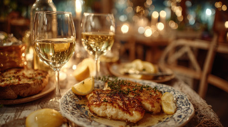 An enchanting dinner setting featuring a delicious fish dish paired with white wine, surrounded by warm candlelight, creating a cozy and romantic atmosphere.の素材