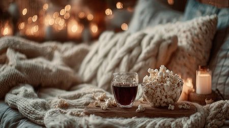 A serene evening setting featuring a glass of warm beverage and a bowl of popcorn, surrounded by soft textiles and glowing lights, perfect for relaxation.の素材