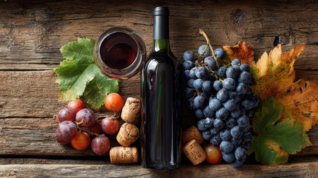 A beautiful arrangement featuring a bottle of red wine, fresh grapes, corks, and autumn leaves on a rustic wooden table, perfect for seasonal gatherings.の素材