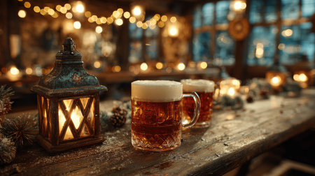 Enjoy a cozy winter evening filled with warm amber light and the inviting presence of frothy beer mugs nestled in a rustic bar, perfect for gatherings.の素材