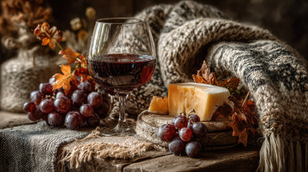 A serene autumn still life featuring a glass of red wine paired with cheese and fresh grapes, complemented by cozy textures and seasonal decor.の素材