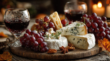A beautifully arranged cheese platter featuring a variety of cheeses, fresh grapes, and a glass of red wine. Perfect for gourmet dining, celebrations, or intimate gatherings.の素材