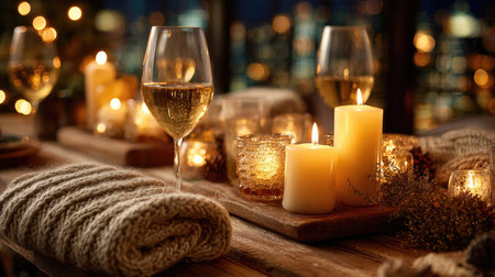 A cozy evening setup featuring soft candles and wine glasses, creating a warm ambiance perfect for holiday celebrations at home. Enjoy relaxation and joy!の素材