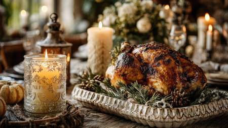 Experience the warmth of a festive holiday gathering with a beautifully presented roast chicken, elegant candles, and charming decor on a rustic table.の素材
