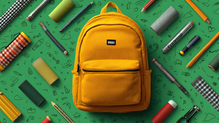 A vibrant yellow backpack sits at the center, surrounded by an array of colorful school supplies, creating an energetic and inspiring educational scene.の素材