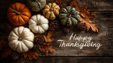 A warm and inviting arrangement of pumpkins, pine cones, and colorful autumn leaves on a rustic wooden background, perfect for Thanksgiving decor.の素材