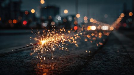 Vibrant sparkler creating light trails on an urban road during nighttime, surrounded by blurred city lights, evoking a festive and joyful atmosphere.の素材