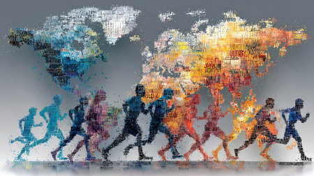 This dynamic image features abstract figures in motion, rendered with colorful word clouds that symbolize global energy and athletic prowess.の素材