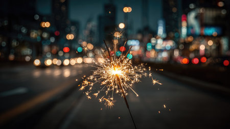 A captivating sparkler emits a dazzling glow in the foreground, with a beautifully blurred cityscape in the background, evoking energy and joy.の素材