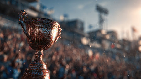 A stunning golden trophy stands prominently in the foreground, shimmering in sunlight, reflecting a vibrant crowd celebrating a thrilling sporting event.の素材