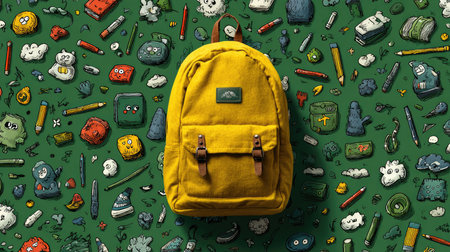 This vibrant yellow backpack sits prominently on a lively green background filled with playful illustrations of school supplies and nature elements, perfect for educational themes.の素材