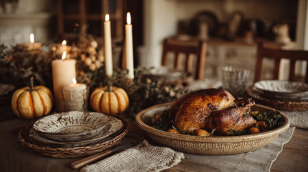 A beautifully arranged rustic autumn table featuring a golden roast turkey, elegant candles, and charming mini pumpkins, perfect for festive gatherings.の素材